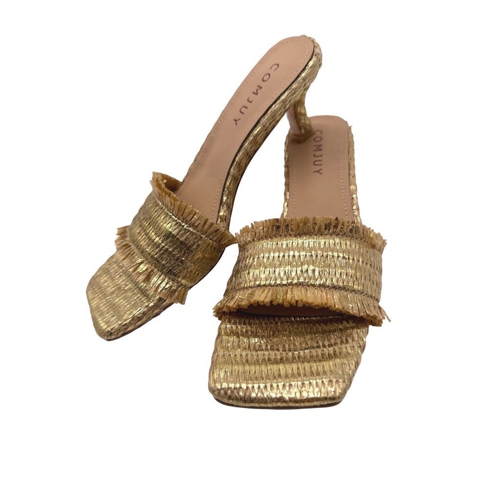 COMJUY Kitten Heel Sandals Womens 7 Gold New Fringed Woven‎ Slide Mules